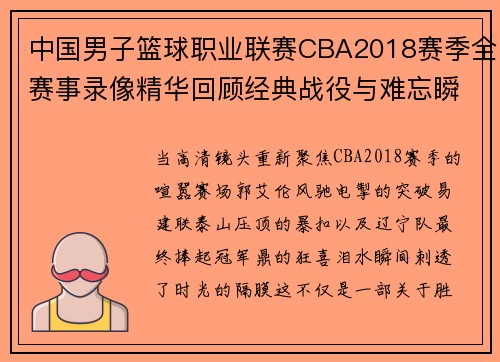中国男子篮球职业联赛CBA2018赛季全赛事录像精华回顾经典战役与难忘瞬间